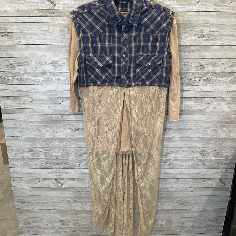 Vtg Gypsy South Atlanta L Reworked Sleeveless Plaid‎ Lace Tunic Vest & Shirt Y2K